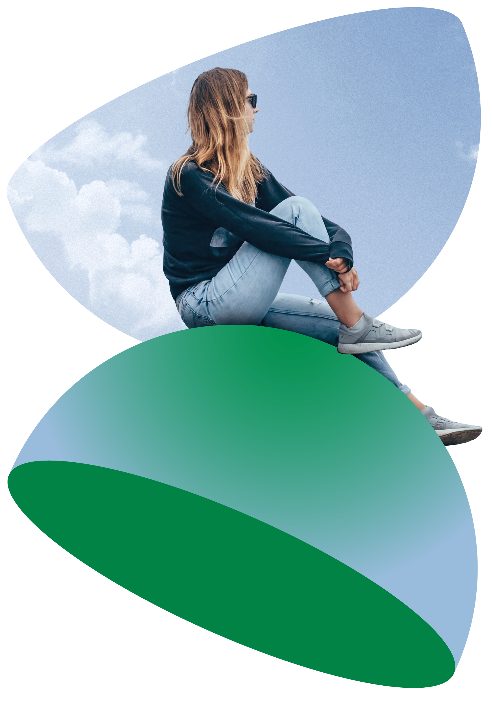 Person sitting above the clouds on a green cloud-shaped hill