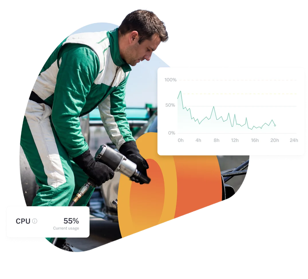 Pit-crew mechanic at work beside a CPU usage chart