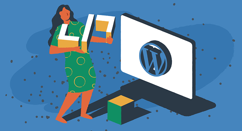 A woman builds a WordPress website in front of a blue background