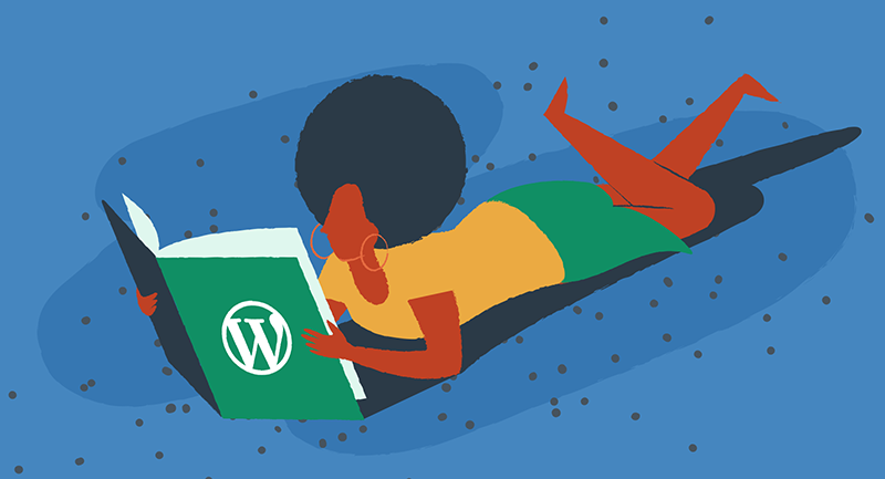 A woman reads a book to learn about WordPress