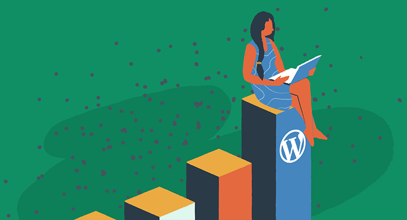 A WordPress developer sits on top of a blue bar with the WordPress logo working on a laptop