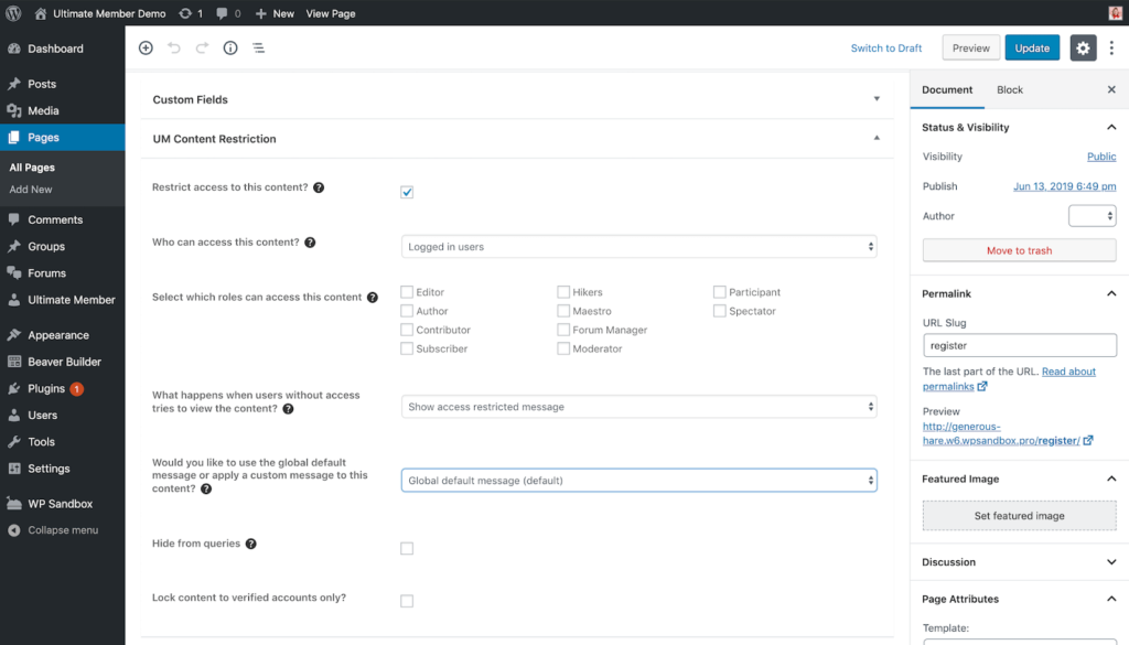 Screenshot of the Ultimate Member WordPress plugin content restriction dashboard