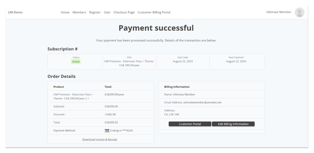 Screenshot of the Ultimate Member WordPress plugin payment confirmation page