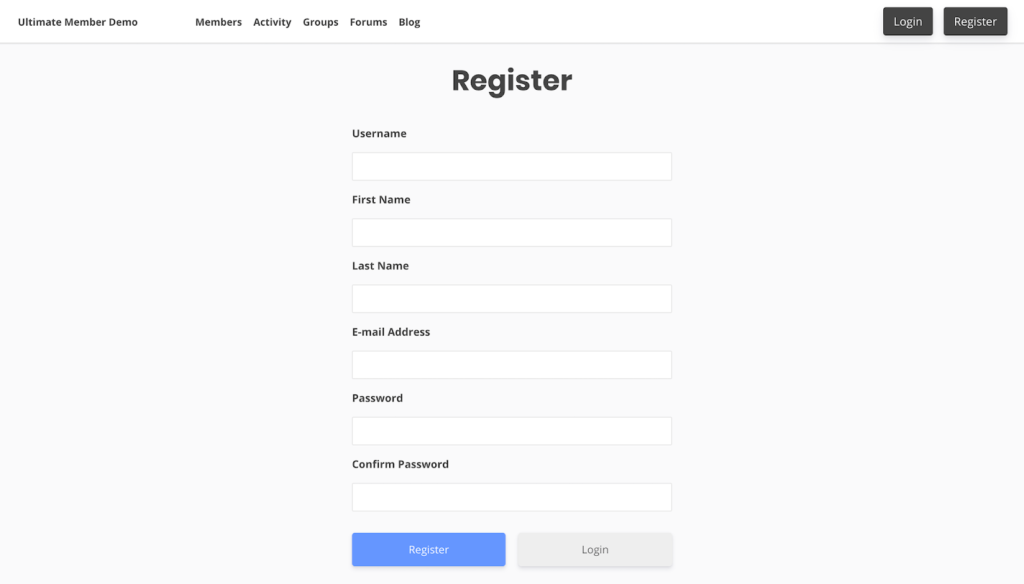 Screenshot of the Ultimate Member WordPress plugin registration page