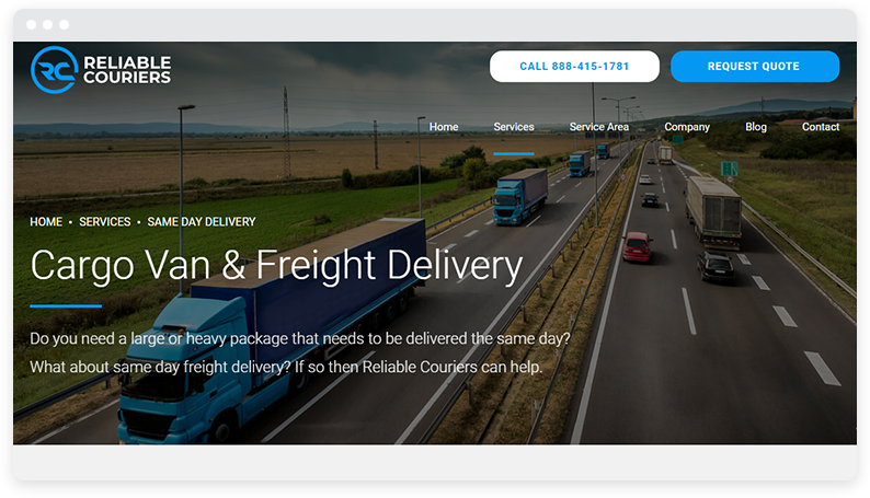 Screenshot of the Reliable Couriers homepage