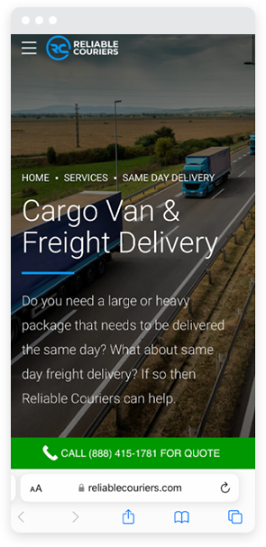 The mobile version of the Reliable Couriers landing page