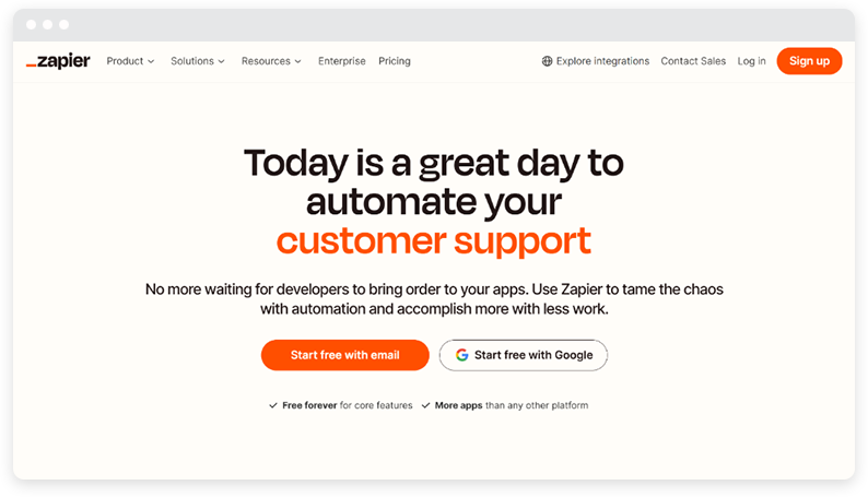 The Zapier landing page with a white background and orange text