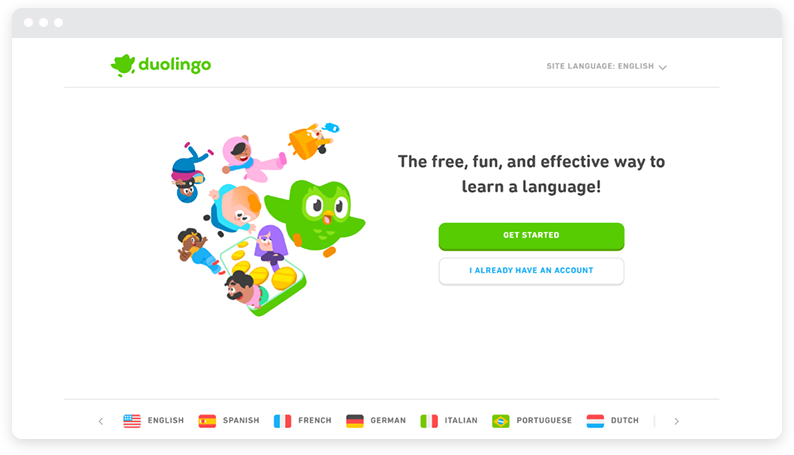 The Duolingo landing page with green button on a white background