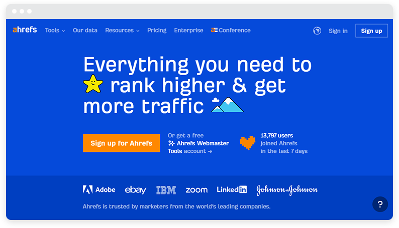 Screenshot of the Ahrefs homepage blue background