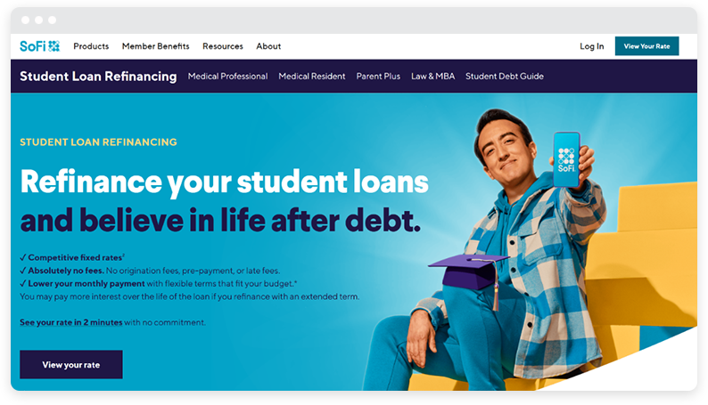 Screenshot of the SoFi student loans page