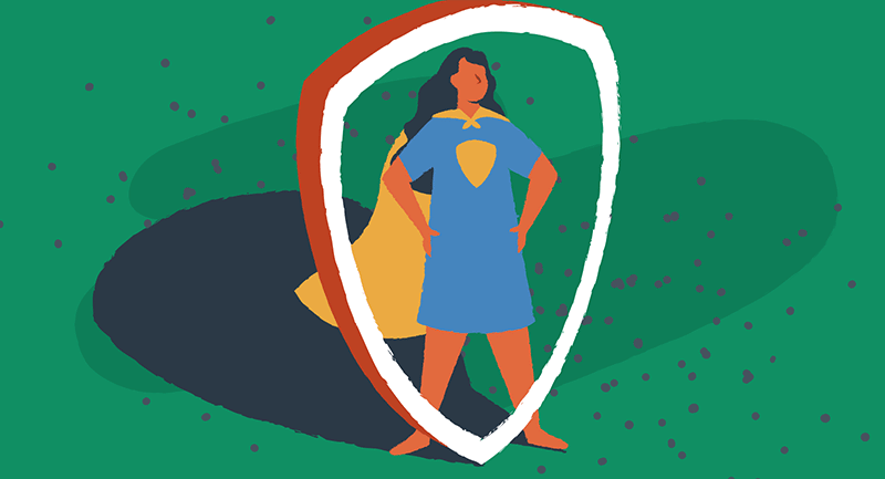 A woman stands inside a protective shield over a green background.