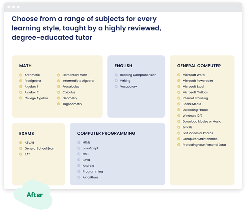 An organized list of tutoring subjects on colorful blocks