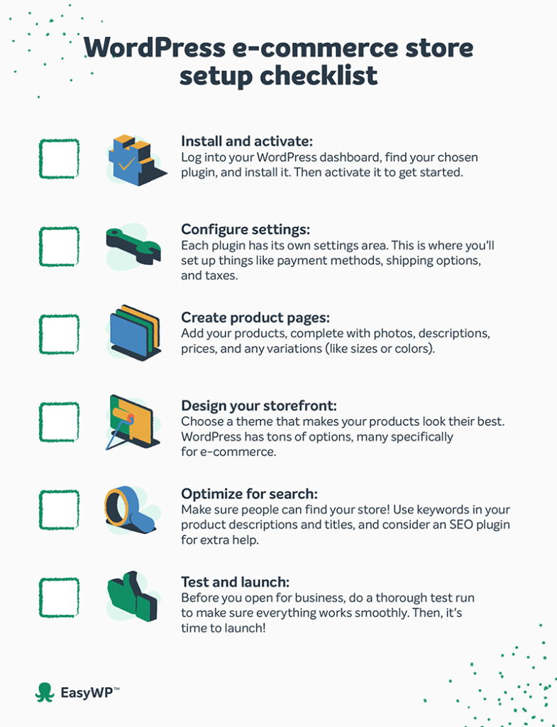 A WordPress e-commerce store checklist to use when building a site. 