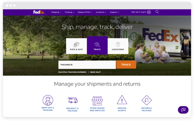 Purple navigation bar and photo banner on the FedEx website. 