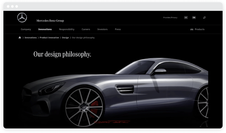 A silver and black color scheme on the Mercedes Benz website.