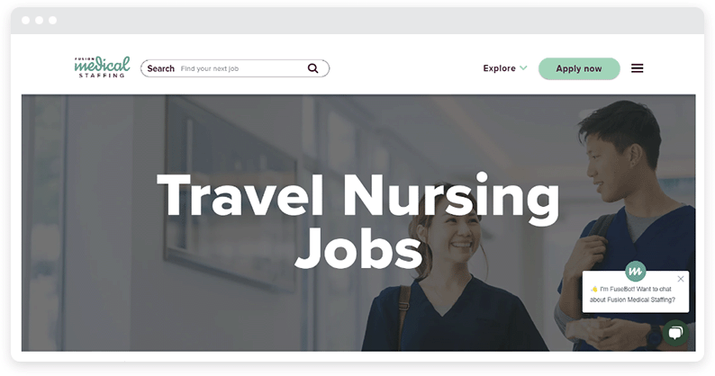 A site banner advertising Travel Nursing Jobs with nurses in the background.