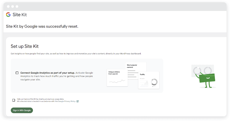 This setup screen in the Google Site Kit WordPress plugin