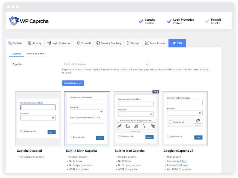 The dashboard from WP Captcha anti-spam plugin