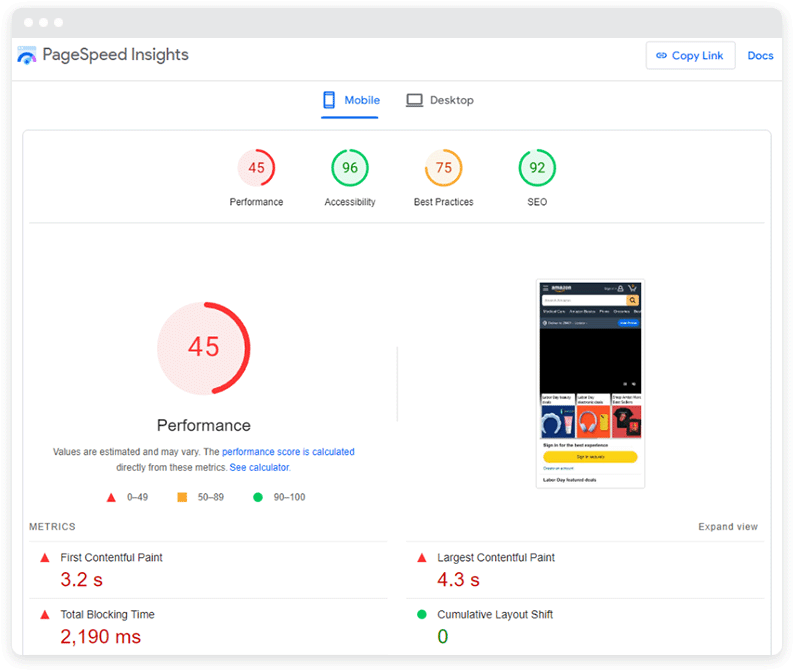 A screenshot from PageSpeed Insights with a low performing site.