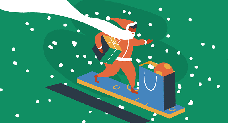 Santa Claus delivers an e-commerce order on a blue sled with snow falling all around.