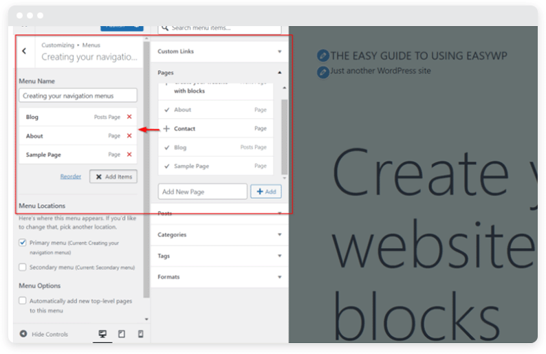 A diagram of the WordPress Customizer with three panels in view. 