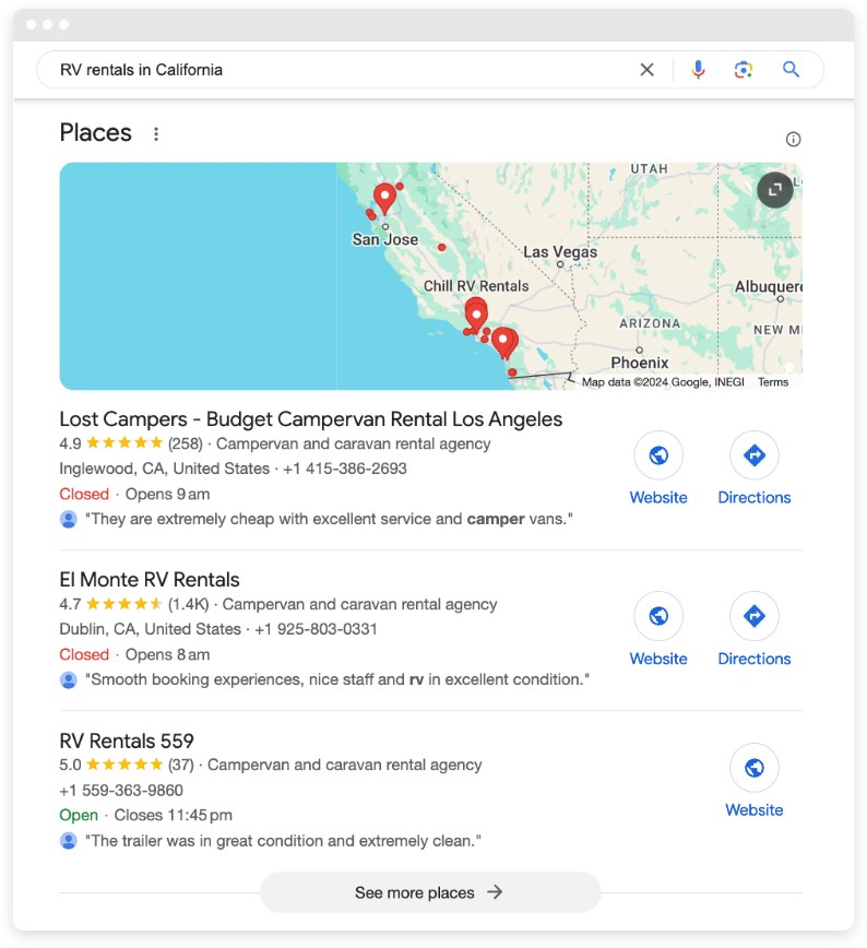 A list of search results for RV rentals in California