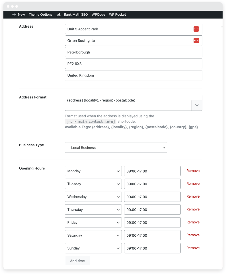 The backend of a website form where local Schema data is populated. 