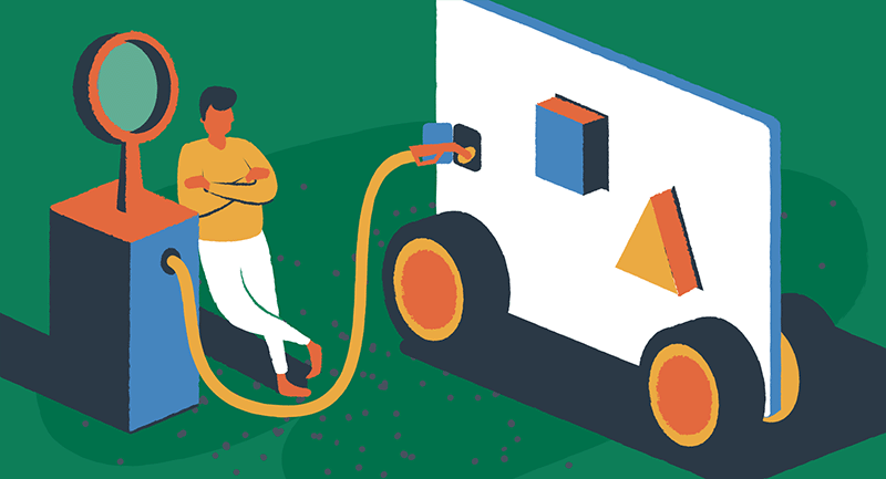 A person pumps fuel into a vehicle on a green background.