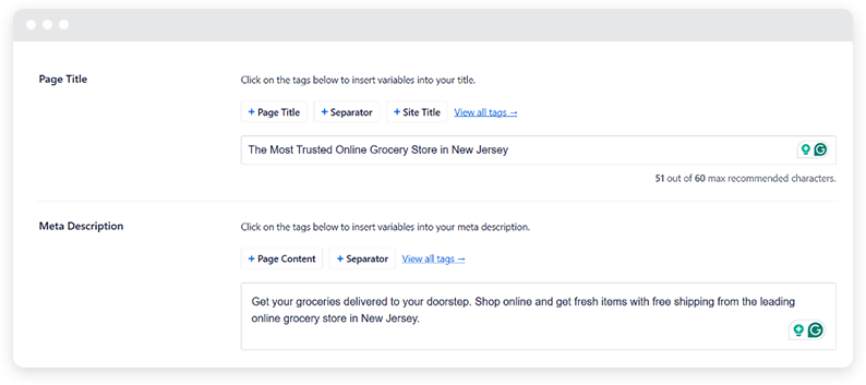 The backend screen with fields for optimizing meta data. 