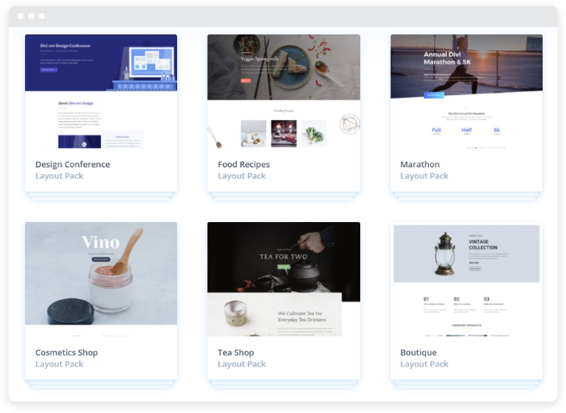 Six examples of Divi layouts. 
