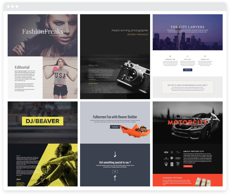 Six examples of Beaver Builder templates. 