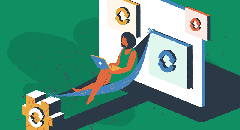 A woman rests in a hammock while her WordPress website automatically updates. 