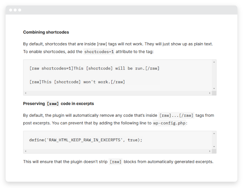 Two examples of how shortcodes are combined using the Raw HTML plugin. 