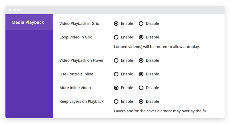 Media playback settings inside the Essential Grid plugin