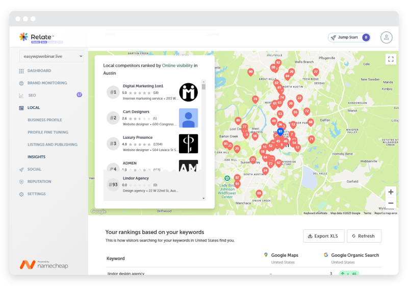 A map with local visibility information as shown inside RelateSEO